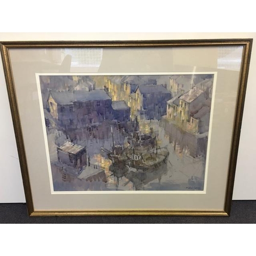 344A - MICHAEL LAWRENCE CADMAN (BRITISH 1920-2010) 'Polperro Harbour - Evening Sunlight', signed/framed wat... 