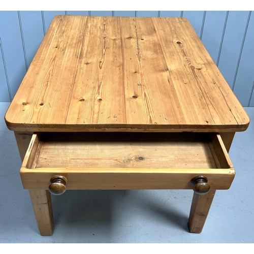 1 - A solid pine kitchen table, with single frieze drawer. Dimensions(cm) H75, W80, D94.