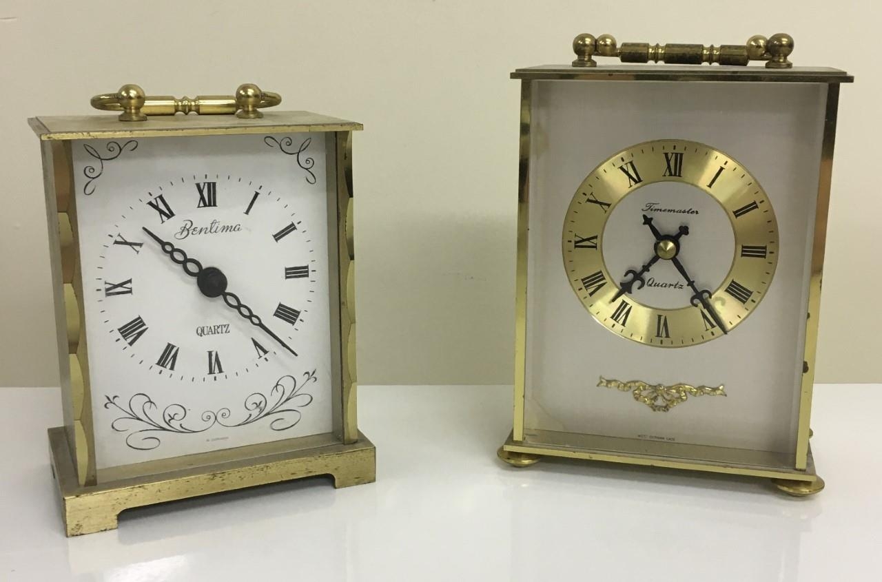 Two vintage Carriage Clocks. Timemaster Quartz & Bentima. Untested.