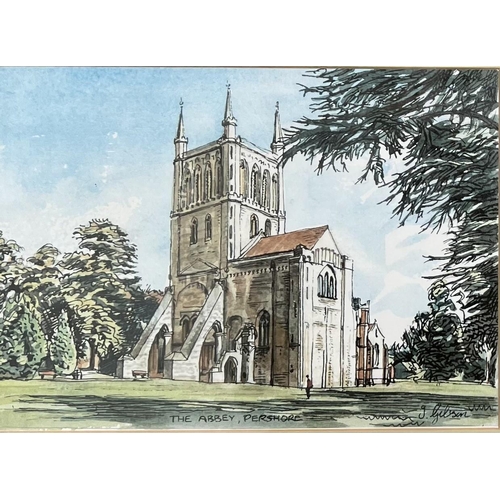 321 - Two framed watercolours. J Gibson 'The Abbey, Pershore' & Ann Sharpe 'Doorways in Bridge Street, Per... 