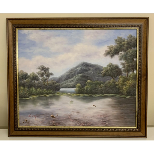 362 - A signed, framed, river/hillside scene, oil-on-canvas. Artist unidentified. Height 63cm, width 73cm.