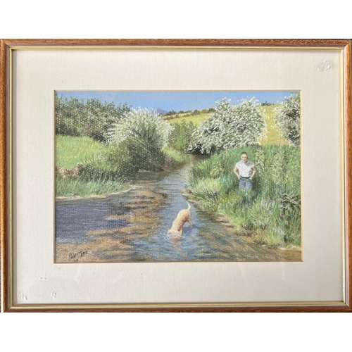 372 - A framed acrylic by Pat Fox - 'By The Stream'. Framed dimensions 32cm x 41cm.