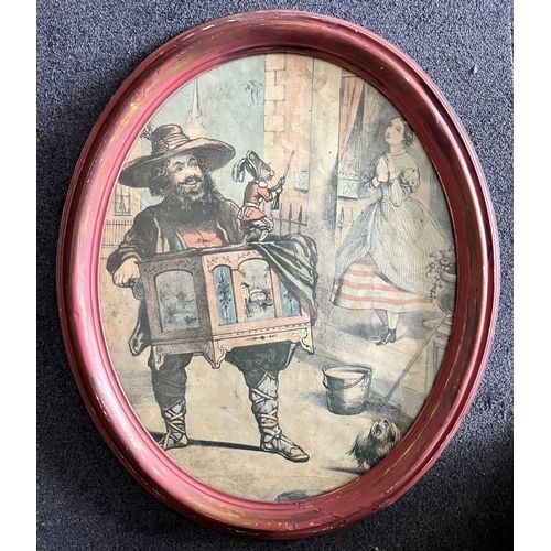 378 - A vintage, oval framed, print, depicting a street performer with a wind up box. Framed Dimensions 60... 