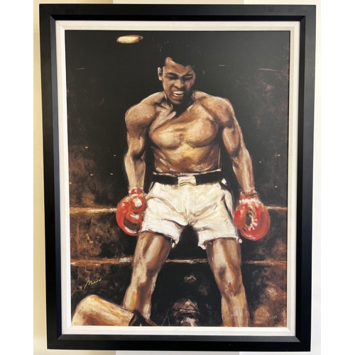 384 - A very rare, Ronnie Wood (The Rolling Stones) framed, canvas print of Muhammad Ali, from 2002. The p... 