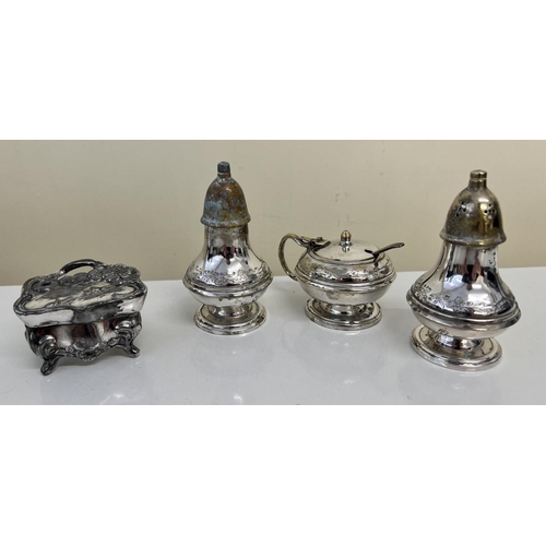 438 - A silver-plated condiment set together with a silver-plated jewellery box.