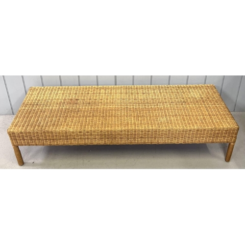 19 - A vintage, wicker, low coffee table. Dimensions(cm) H34, W150, D51.