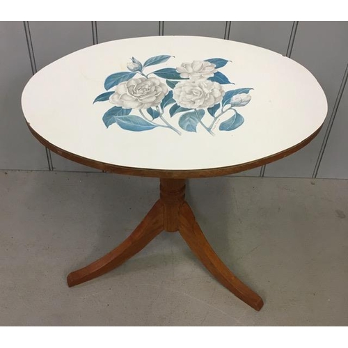 31 - A vintage side table, with tripod legs & floral decoration to top. Dimensions(cm) H46, W50, D38.