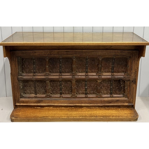 46B - A substantial, carved-oak bar. Heavy carving to front, glass-topped, rear shelves.
Dimensions(cm) H1... 