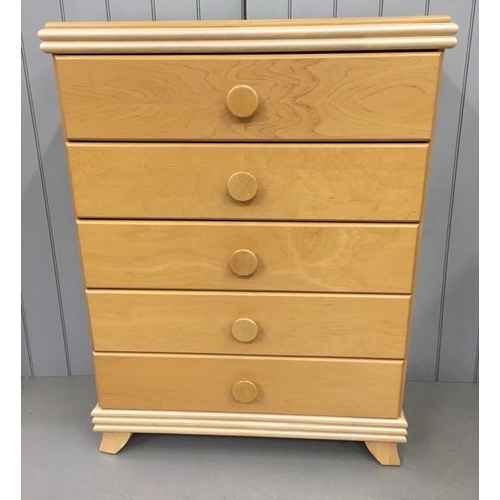 75 - A tall, Art-Deco style tall chest of five drawers, with a matching pair of two-drawer bedside cabine... 