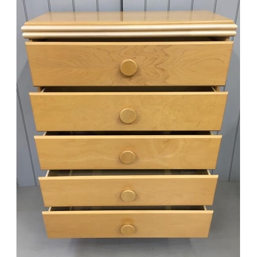 75 - A tall, Art-Deco style tall chest of five drawers, with a matching pair of two-drawer bedside cabine... 