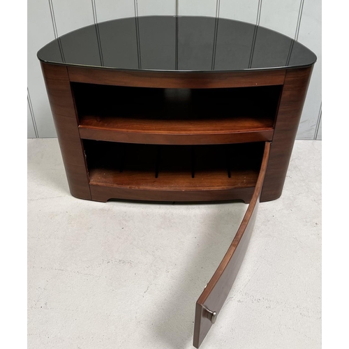 132 - A walnut coloured TV stand with black glass top and single cupboard.
Dimensions(cm): H55 W80 D40