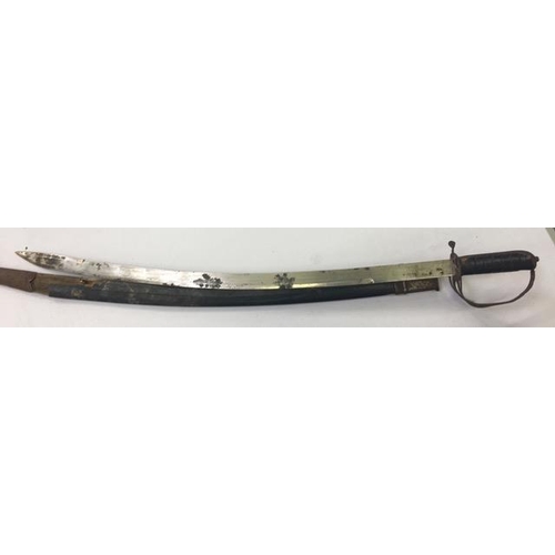 1671 - A curved bladed sword with scabbard. Paisley patterned blade. Blade length 75cm.