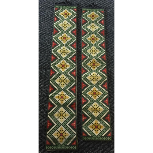 645 - A pair of vintage hand-woven , wall-hanging tapestries. Length 102cm & 109cm.