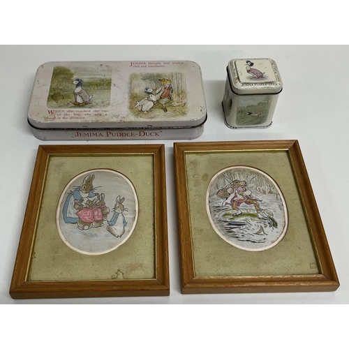 646 - A pair of framed woven 'Peter Rabbit' art together with 2 Jemima-Puddle Duck Tins.