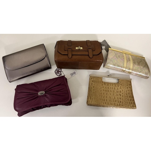 666 - A selection of five designer, ladies clutch/clasp handbags. All appear unused. Includes Jones Bootma... 