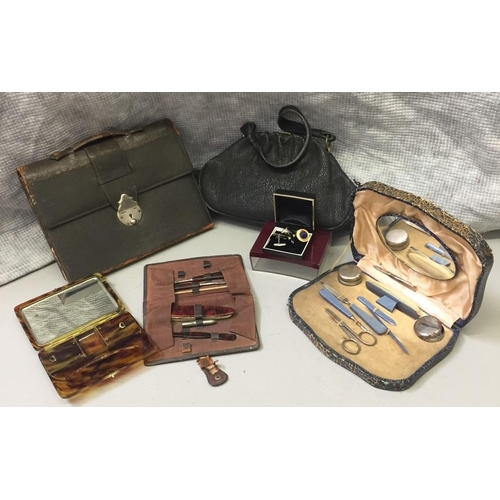 676 - Two vintage handbags, two pairs of cufflinks & three vintage manicure sets, including a L'onglex nai... 