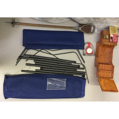 704 - A mixed lot of vintage sports 7 leisure items, including a leather-seated shooting stick, a metal-fr... 