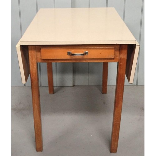 3B - A vintage, drop-leaf side table, with single frieze drawer. Dimensions(cm)H76, W60/106, D92.