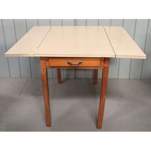 3B - A vintage, drop-leaf side table, with single frieze drawer. Dimensions(cm)H76, W60/106, D92.