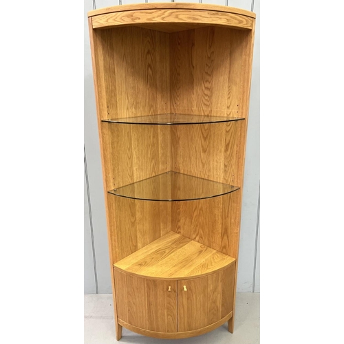 53 - An oak corner display cabinet, with glass shelves & light, originally from Marks & Spencer. Dimensio... 