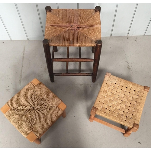 99 - A trio of rush-seated stools. Dimensions(cm) H52/25/28, W34/32/42, D29/32/42.