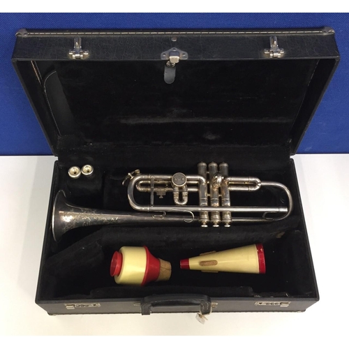 710 - A vintage, cased, Boosey and Co Ltd silver plated trumpet, with engraved floral detail surrounding '... 