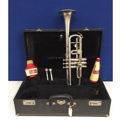 710 - A vintage, cased, Boosey and Co Ltd silver plated trumpet, with engraved floral detail surrounding '... 