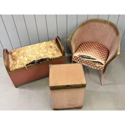 73 - A mixed lot of early Lloyd Loom items, for refurbishment. Chair, wash basket & ottoman/bench.