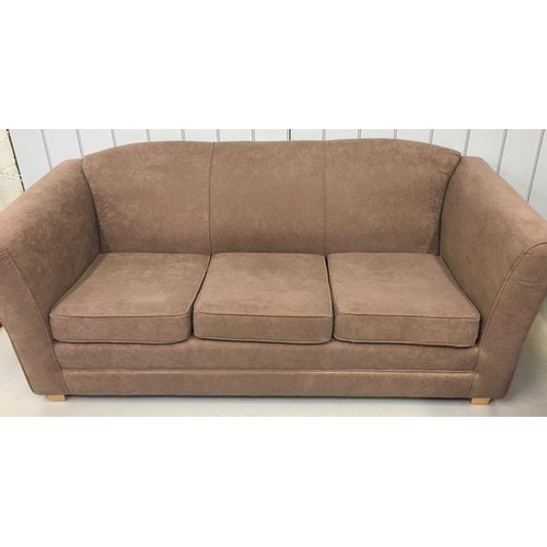 137 - A coffee coloured, fabric three-seater sofa. Dimensions(cm) H70(43 to seat), W184, D82.