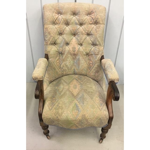 143 - An Edwardian, mahogany, button-back armchair. Dimensions(cm) H90(37 to seat), W60, D79.