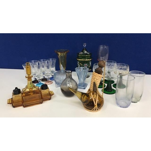 200B - A collection of vintage, coloured glassware. Includes a Caithness vase, amber condiments set etc.