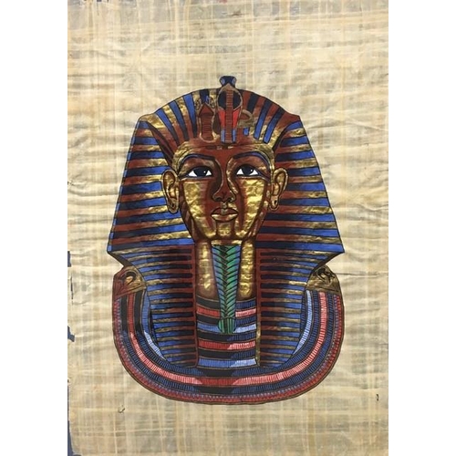 357 - A framed, Egyptian papyrus painting, depicting Tutankhamun. Framed dimensions(cm) 75x57.