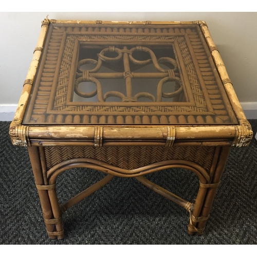 23B - A bamboo & cane, glass-topped side table. Dimensions(cm) H59, W54, D54.