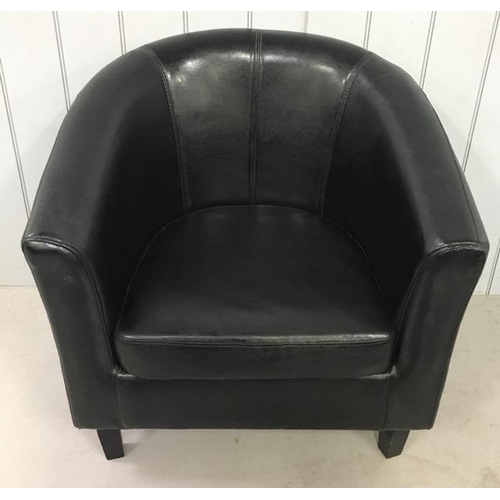 147C - A black, leather tub chair. Dimensions(cm) H75(40 to seat), W77, D69.