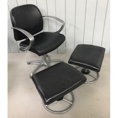 152 - A vintage barber's chair & two stools. Chair has working height adjuster. Dimensions(cm) H90-100(50-... 