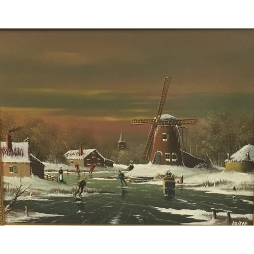 293 - A framed oil on board - 'Windmill in Winter' by Johannes Kaiser. Framed dimensions(cm) H28, W33.