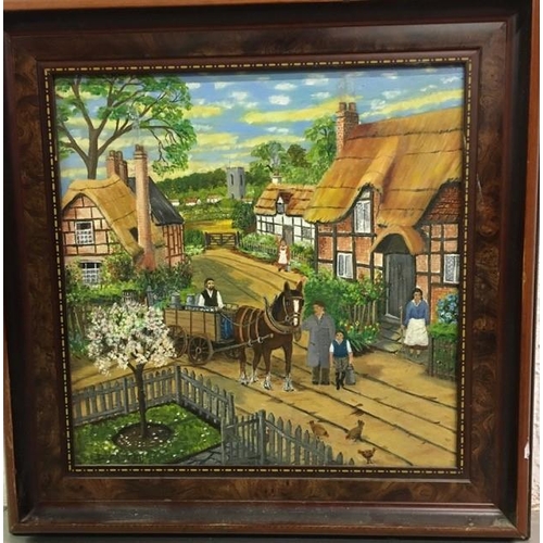 301 - A framed. village scene oil on canvas, signed D Foster. Framed dimensions(cm) 47x54.