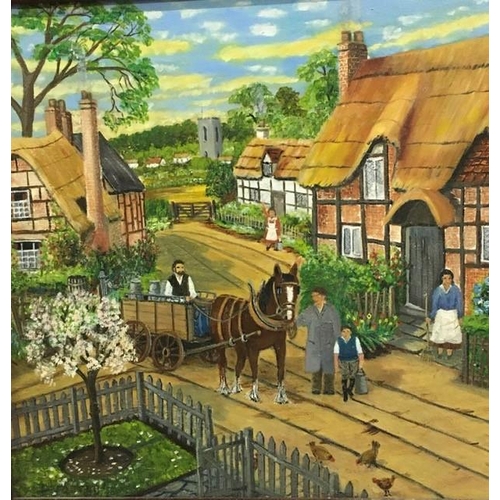 301 - A framed. village scene oil on canvas, signed D Foster. Framed dimensions(cm) 47x54.