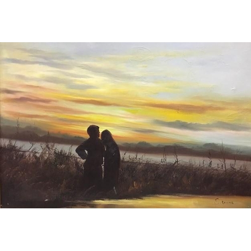 305 - A large, framed, oil on canvas, signed S. Roche, depicting a couple by a lake.
Framed dimensions(cm)... 