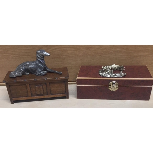 651 - A vintage cigar box, with fishing motif, together with a Tallent cigarette box, with mounted pewter ... 