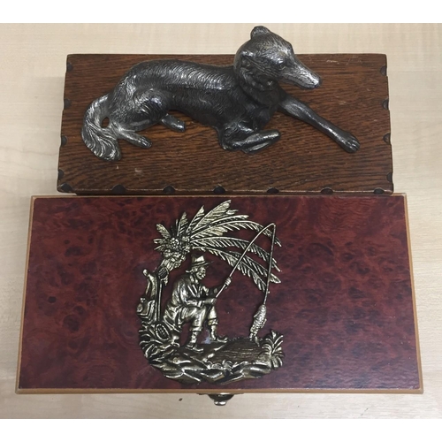 651 - A vintage cigar box, with fishing motif, together with a Tallent cigarette box, with mounted pewter ... 