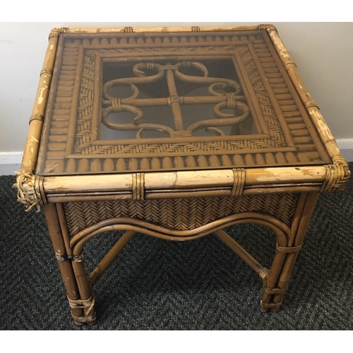 23B - A bamboo & cane, glass-topped side table. Dimensions(cm) H59, W54, D54.