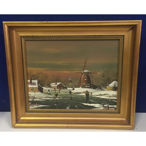 293 - A framed oil on board - 'Windmill in Winter' by Johannes Kaiser. Framed dimensions(cm) H28, W33.