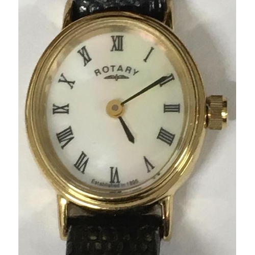 396 - A ladies watch, by Rotary. Model LS00471. Mother of pearl face, with black leather strap.