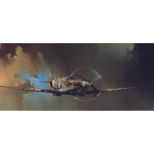 313 - A signed/framed print, after Barrie A F Clark, of a Spitfire in flight. Framed dimensions(cm) H44, W... 