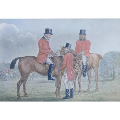 307 - A framed lithofraph, c.1900, depicting members of The Cheshire Hunt. Framed dimensions(cm) H26, W34.