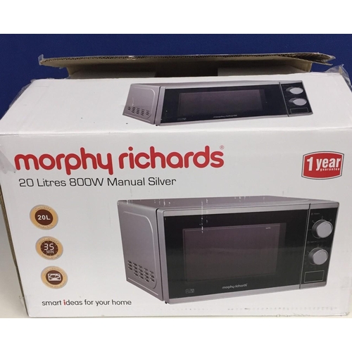 827 - A boxed Morphy Richards 800w silver coloured microwave oven. Model MM820C2LP(F)-PM. Tested & appears... 