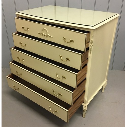 60 - A vintage chest of five drawers, with glass protector.
Dimensions(cm) H84, W79, D49.