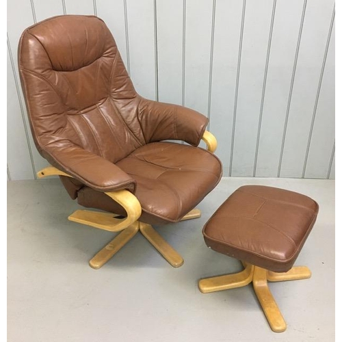 142 - A tan leather, stressless chair & footstool. Chair dimensions(cm) H103(40 to seat), W80, D78.