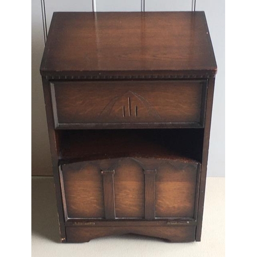 76B - A vintage, oak side table/bedside cabinet. Single drawer over drop-front cupboard area. Dimensions(c... 